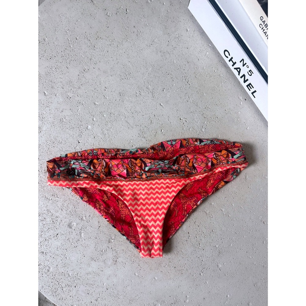 Maaji Reversible Bikini Bottom Pink Orange Geometric Wolf Print‎ Ruched Back M